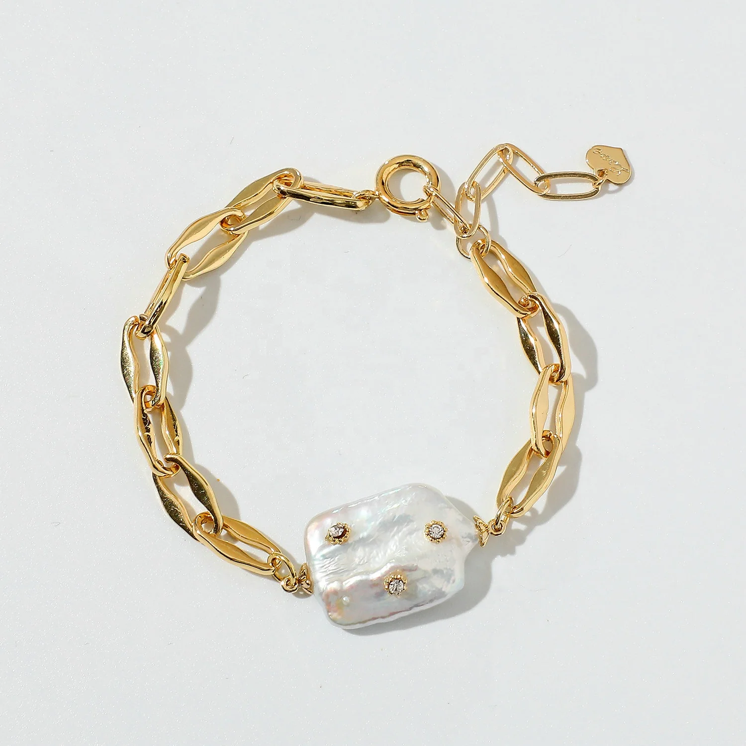 

Baroque Freshwater Pearl bracelet Mini Zircon Setting Pearl Charm 14K Rearl Gold Plated Anchor Link Chain Bracelet