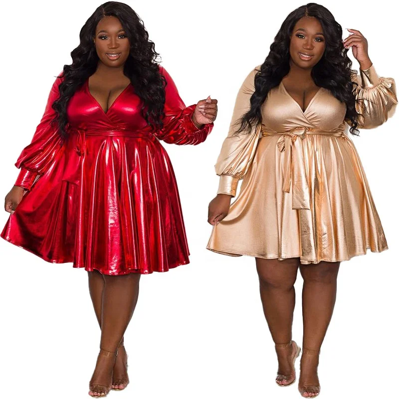

2022 New Arrivals Plus Size Clothes For Fat Women Fashion Party Dresses Reflective Shiny Long Sleeve Sexy Casual Dress
