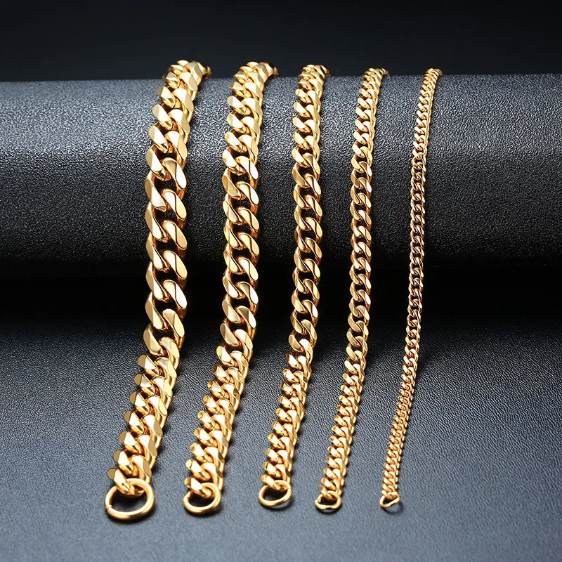 

2021 New Hip Hop 3.6mm-11mm Stainless Steel Cuban Link Chain Bracelet Men's Fashion 18K Gold Plated Bracelets Charm Jewelry, Gold ,steel ,black ,vintage
