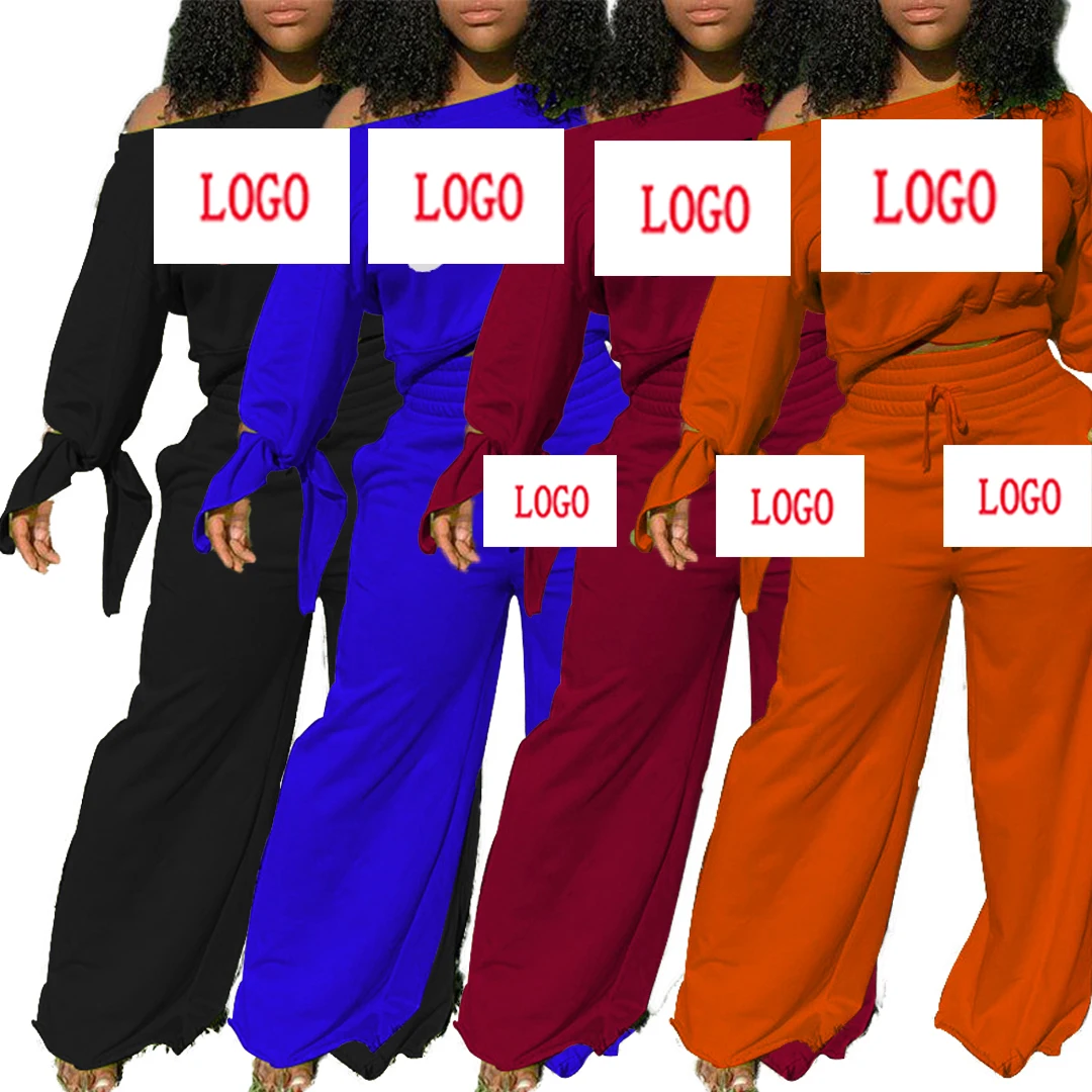

New Fashion printed sport sets off shoulder tops with wide-leg Pants Casual Women tracksuit, Black, orange, burgundy, blue