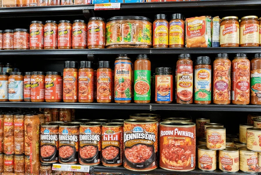 Shelf display showing Dennisons Chili Seasoning next to other regional food products in a Midwest grocery store