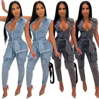 

90821-MX4 sleeveless zipper with sashes denim jumpsuit jeans women
