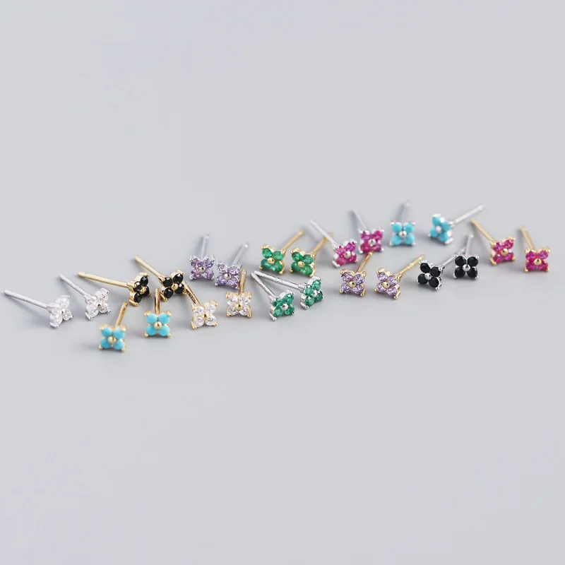 tiny colorful birthstone cubic zircon S925 sterling silver stud earring