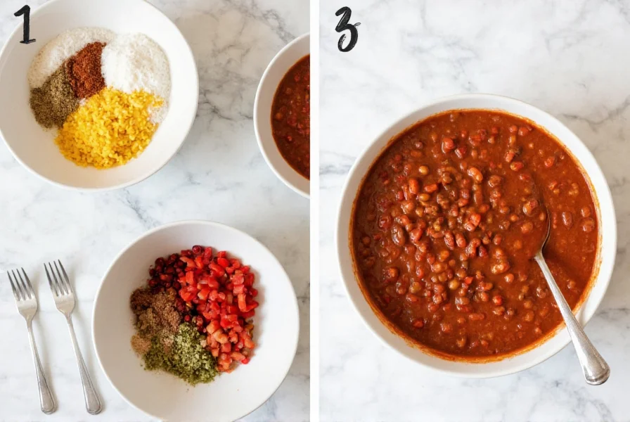 Step-by-step easy chili recipe showing ingredients in bowls and finished chili in white bowl