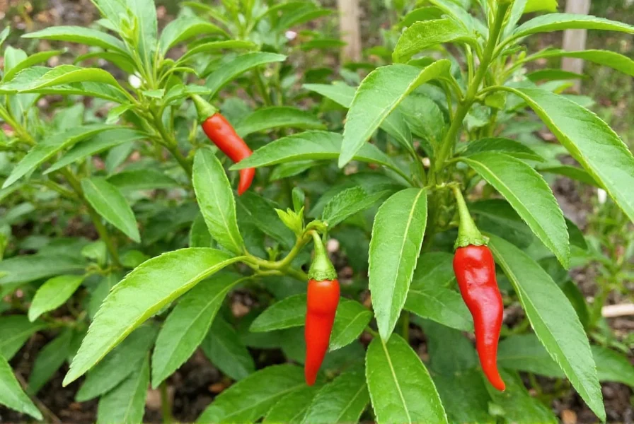 Healthy Tabasco pepper plants growing in garden with small red peppers visible among green leaves