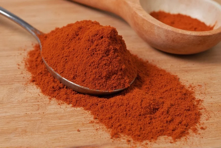 Homemade chili powder in glass jar with dried chilies and spices arranged around it on wooden table