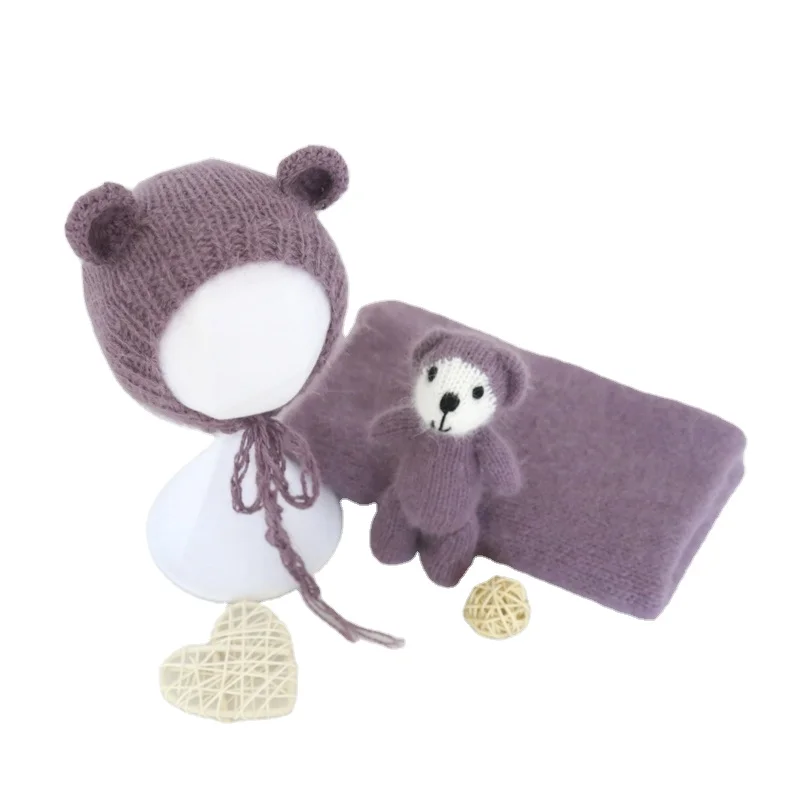

White Angora Teddy Bear Bonnet Toy Set Baby Fluffy Stretch Knit Wrap Stuffer Animal Filler Toy Newborn Photography Props Fabric