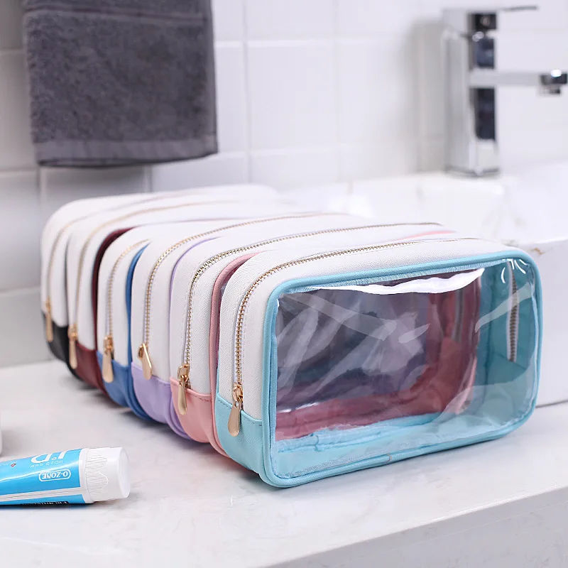 

Pu leather eva pvc transparent storage pouch women travel toiletry makeup cosmetic brush bag with gold zipper for make up