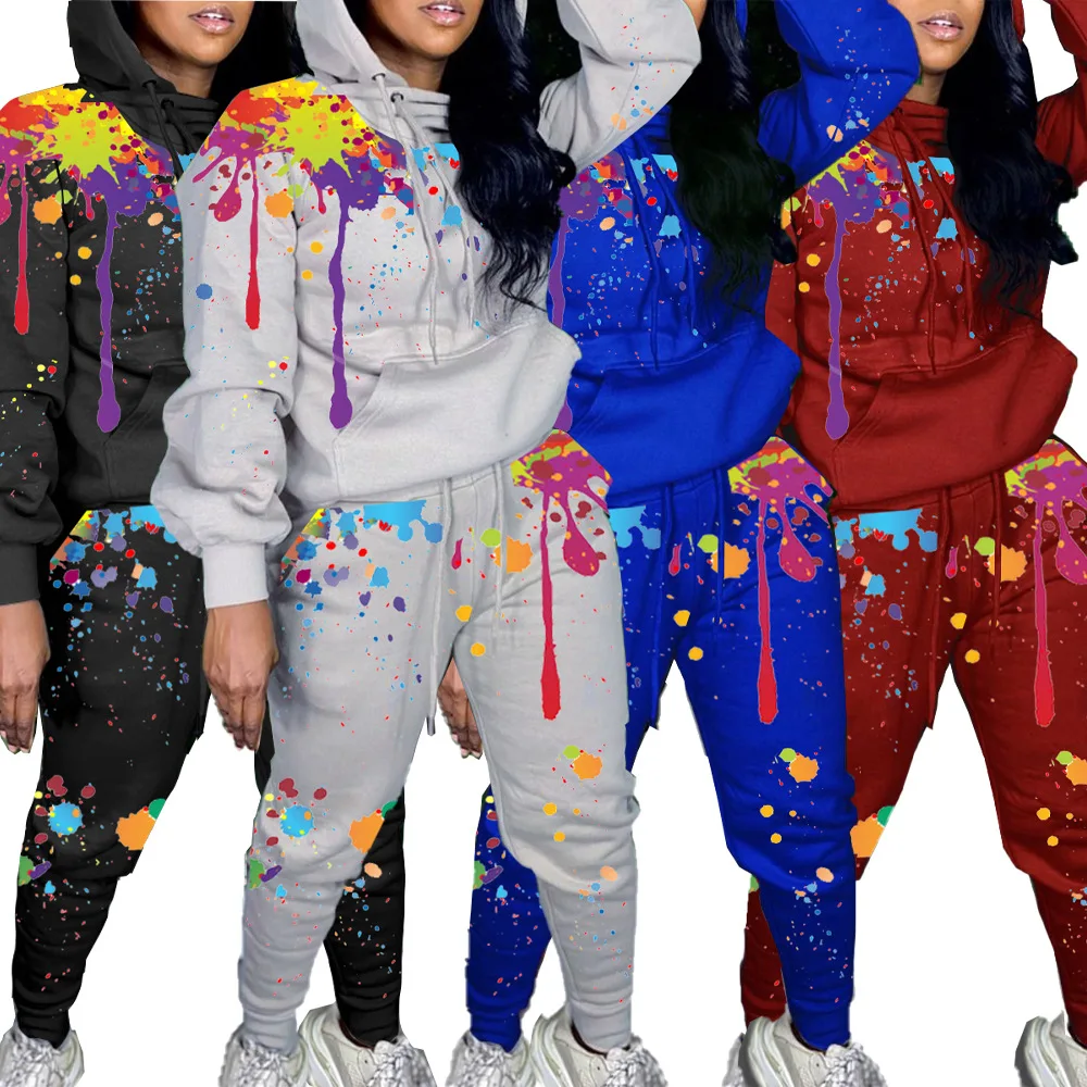 

Fashion Colorful Graffiti Sweatsuit Women 2 Piece Long Sleeve Hooded Tracksuit Autumn Winter Casual Sporty Joggers Clothing