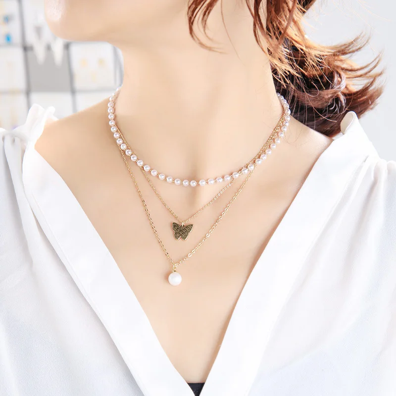 

X0204 OEM Jewelry Making Supplies Pearl Beaded ChokerThree 3 Chain Layered Butterfly 18 K Gold Plated Necklace With Butterfly