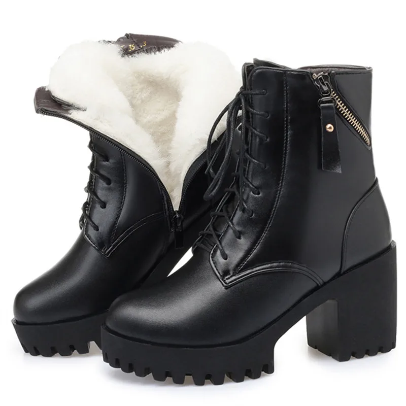 

Dropshipping Winter Lady Genuine Leather Boots with Wool High Heel Shoes Size 34-42