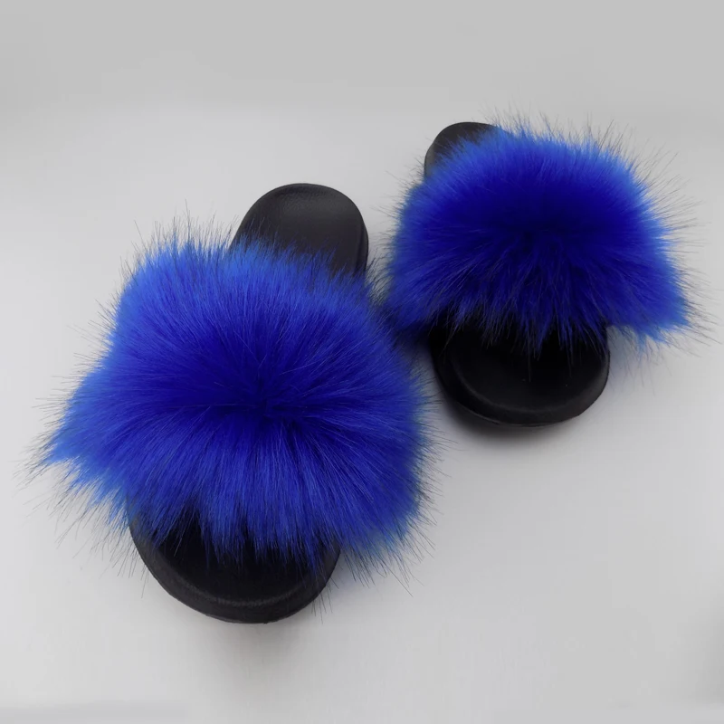

2021 Regular fur slides High Quality Fluffy Big Furry Slides summer Fur Shoes Faux Fox Fur Slippers, 18colors