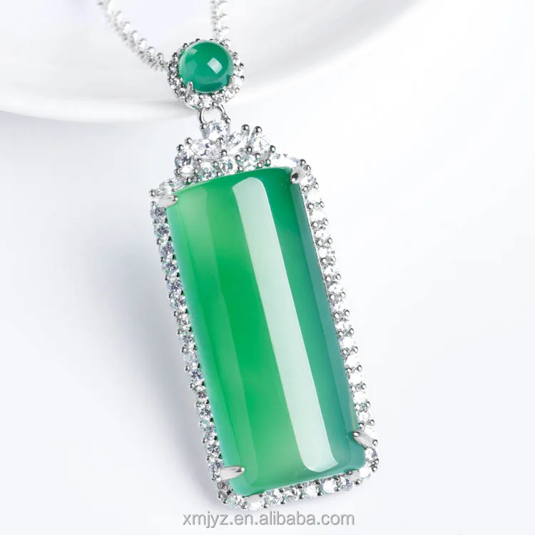

Factory Direct Sale Green Agate Ping Brand Chalcedony Inlaid Pendant Silver Necklace Gift Wholesale