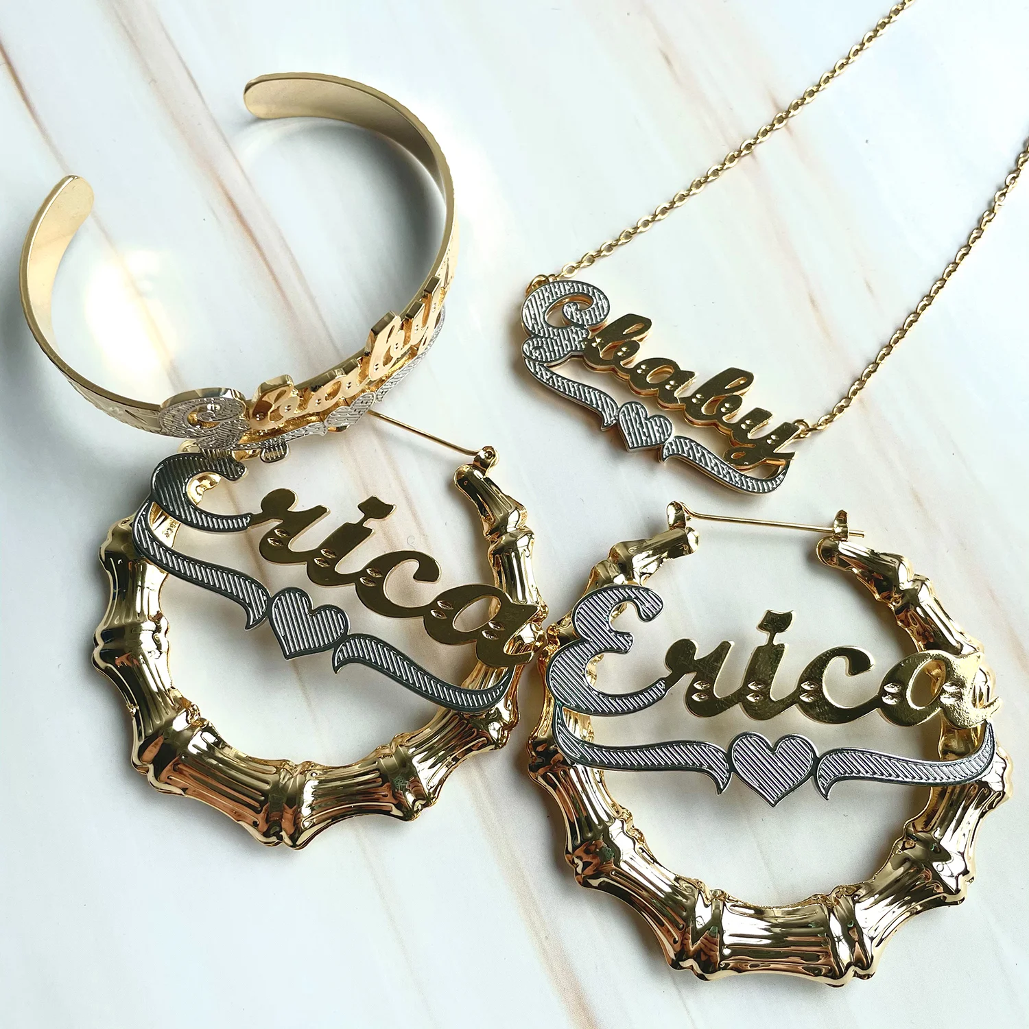 

Hot Selling Metal Two Tone Hip Hop 18K Gold Silver Plated Custom Name Necklace Personized Bracelet Earring Studs
