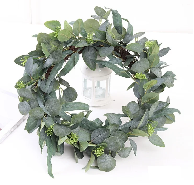 

Artificial seasonal greenery Silk natural seed eucalyptus wreath for farmhouse home decor Fireplace accent indoor outdoor decoration, Green