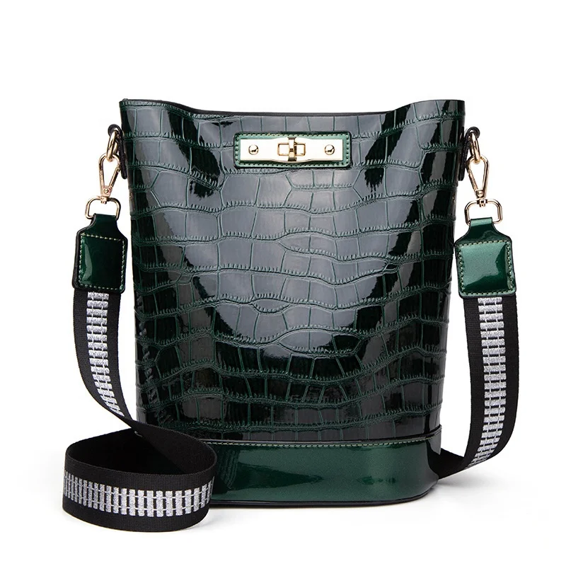 

New Fashion Woman Lady Bucket Bag Crocodile Skin Cross Shoulder Patent Leather Bags Handbag