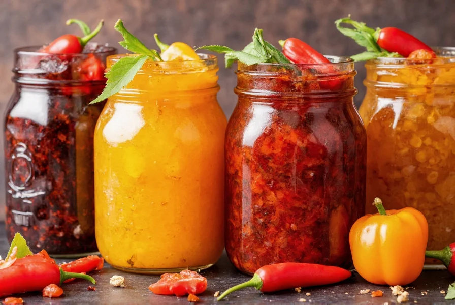 Colorful display of different pepper jelly variations in mason jars with corresponding fresh ingredients arranged artistically