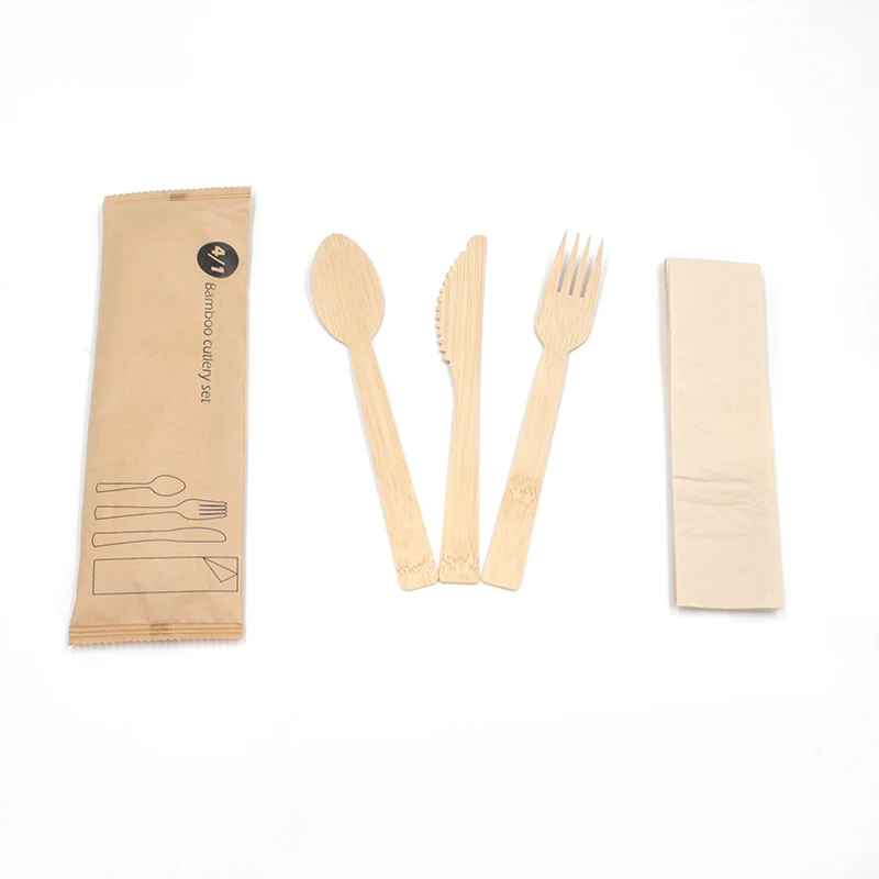 

4 In 1 Biodegradable Disposable Bamboo Spoon Fork Knife Cutlery Set, Natural color