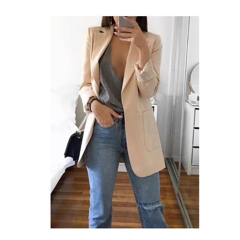 

NEW Fashion Women Office Suit Solid Color No Button Lapel Slim Fit Blazer Coat