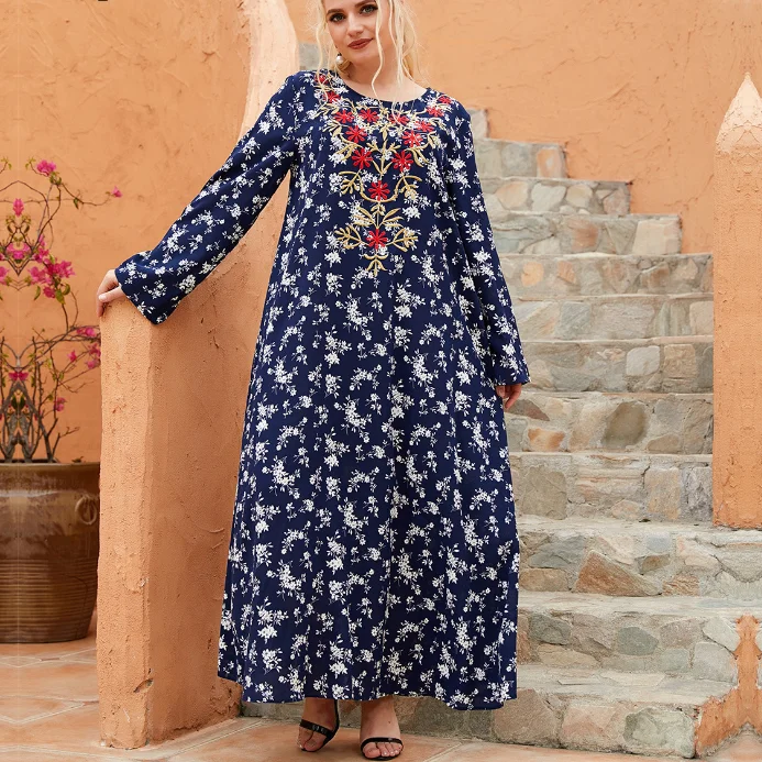 

Wholesale round neck maxi dresses floral print women muslim dress, Navy