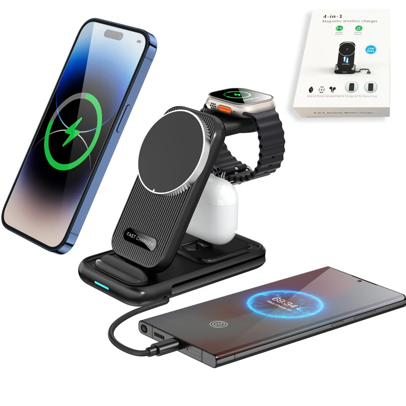 

Justlink 15W 4 in 1 Fast Charging Foldable Magnet Phone Holder Qi Wireless Charger Station Dock For iwatch Airpods Samsung watch