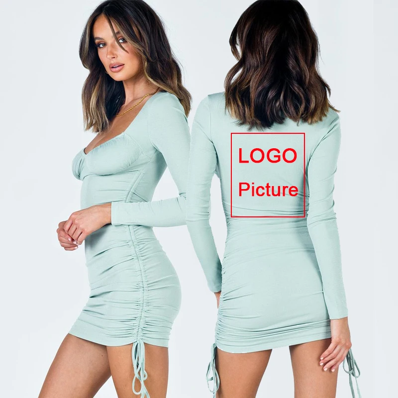 

v-neck solid skinny elastic cotton custom fashion long sleeves bodycon women sexy v neck mini dresses