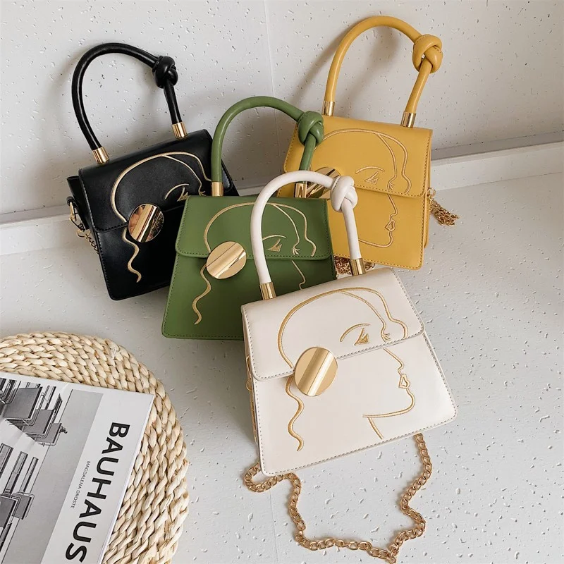 

Elegant Chain Small Hand Bags Women Crossbody Bag Girls' Face Embroidery Shoulder Messenger Bag Lady Knot Handle Luxury Handbags, 4 colors