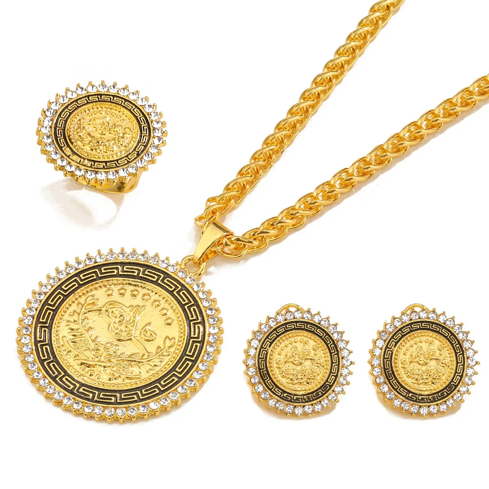 

Lotus 24k gold Arabic jewelry cubic zirconia religious Arabic coin jewelry set