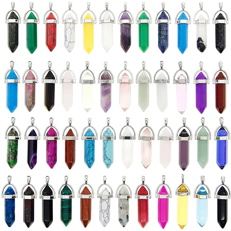 

Factory Cheap Healing Pointed Chakra Pendant Hexagonal Gemstones Quartz Bullet Shape DIY Charm Beads Charms For Making Necklace, As picture shows