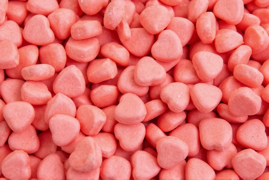 Close-up photograph of red cinnamon hearts candy pieces arranged in heart shape on white background showing their soft, chewy texture and vibrant color