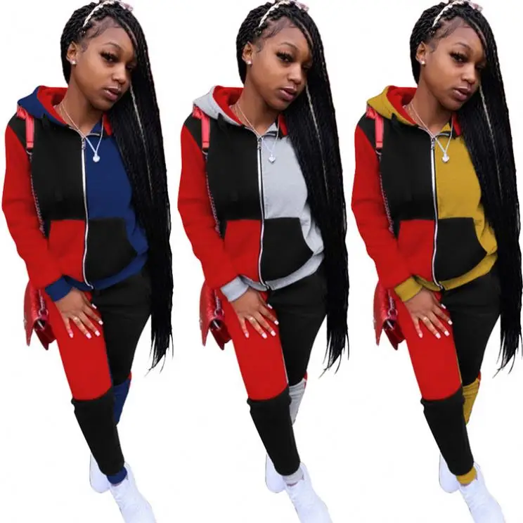 

MD-2022010423 New Design Contrast Color Tracksuit Fashion Casual Sports Sweat Suit Outfits Two Piece Set Women Clothing Sets