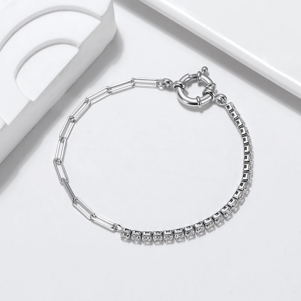 RINNTIN SB119 Trendy 925 Sterling Silver White Zircon Tennis Bracelet Gold Plated Cuban Chain Women's Gift