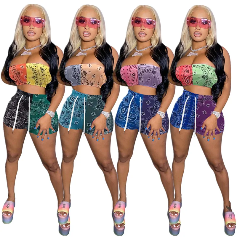 

Custom Woman Hot Shorts Two Piece Set Summer Clothing Patchwork Tube Top Short Pants 2 Piece Set