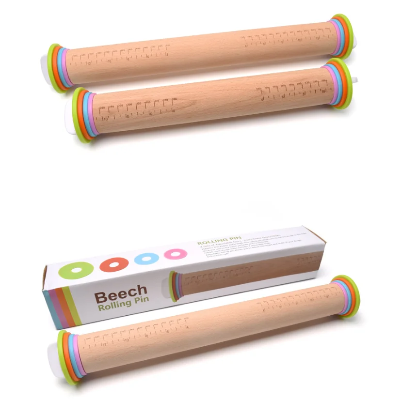 Factory Wholesale Wooden Rolling Pin With 4 Removable Thickness Rings