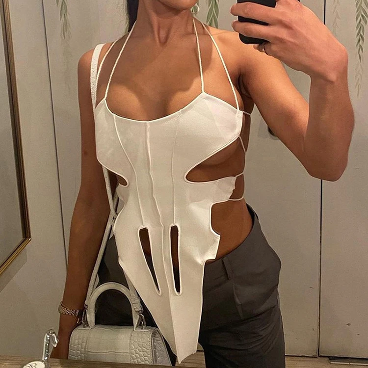 

Sleeveless Backless Drawstring Hollow Out Design White Tank Top Women Soft Nude Streetwear Tank Tops Sexy Women Club Clothing