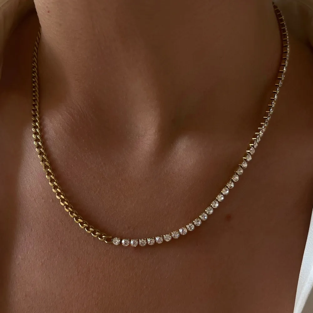 

No Fade Stainless Steel Cubic Zircon Tennis Chain Necklace 3.5MM 18K Gold Plated Cuban Chain Diamond Clavicle Chain Necklace