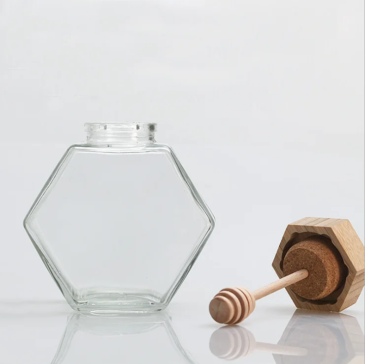 

220ml 250g honey jar Creative glass bottles 380ml Hexagonal glass honey jar 500g honey bottle with wooden lid and stick, As photo/depend on you