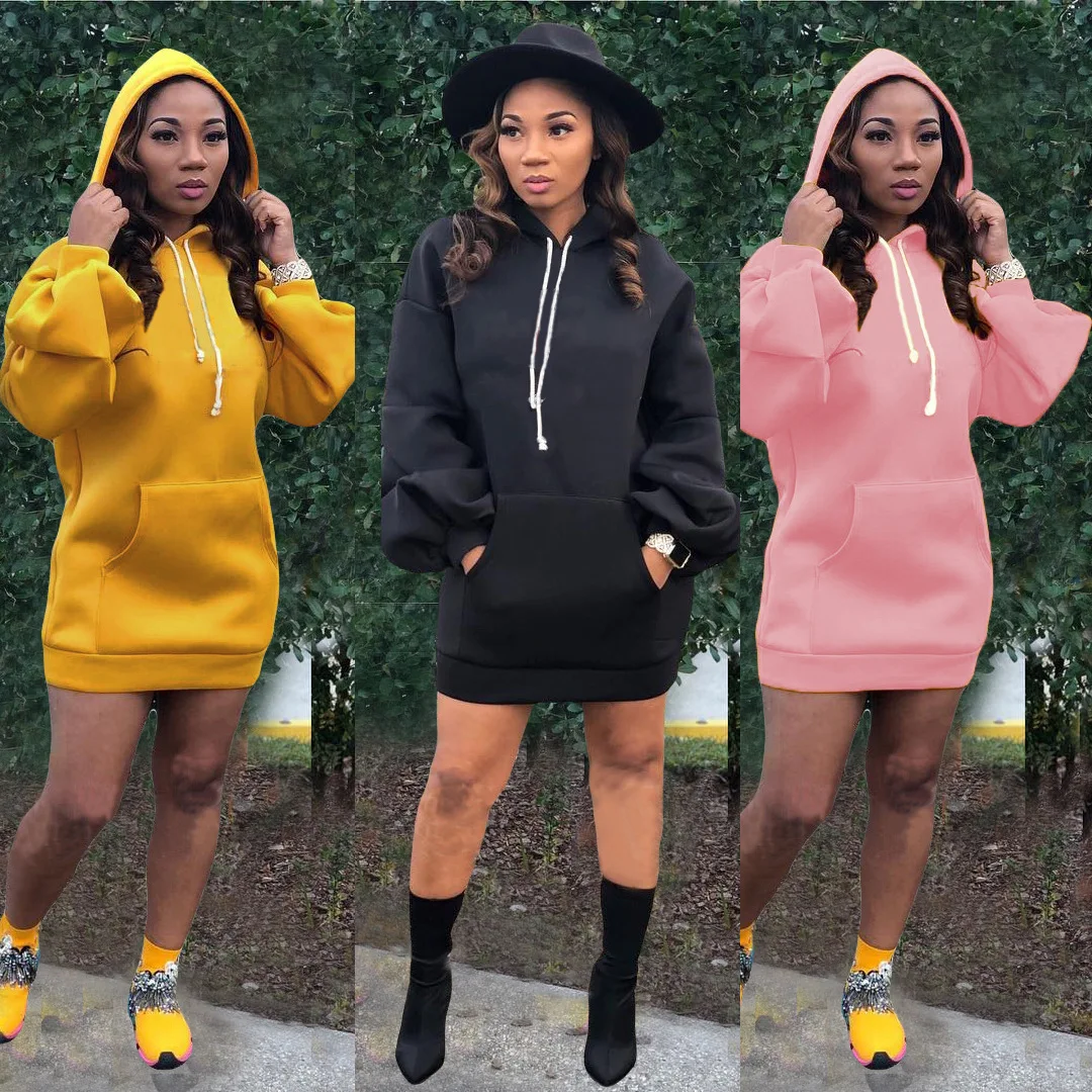 

2020 New Large Size Casual Loose Puff Sleeve Solid Color Sweater Dress Dresses Women Lady Elegant, Pink,yellow,red,light green