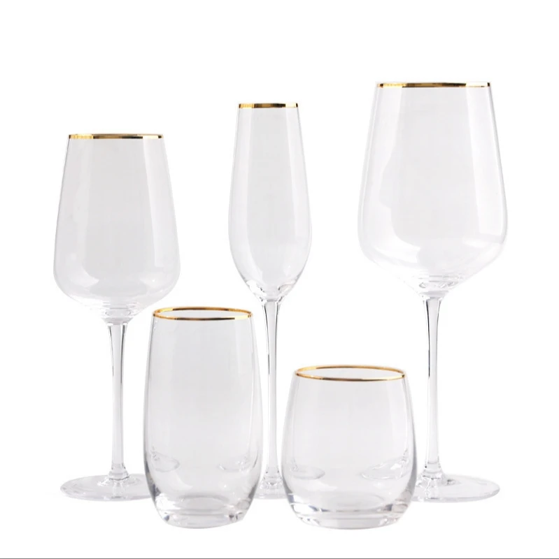 

Wholesale gold rim goblet water champagne wine glass cup set for wedding restaurant hotel, Transparent clear