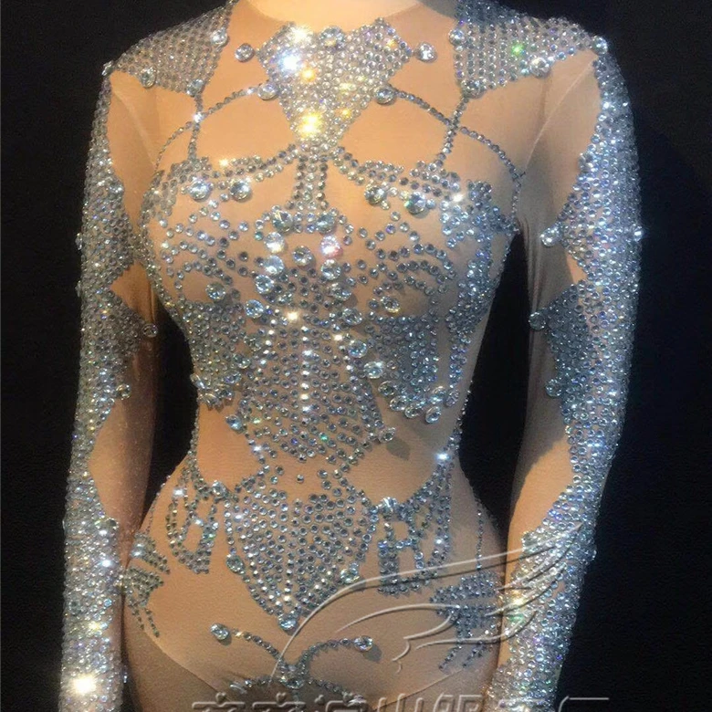 

See Through Bodysuit Evening club party slim dress Sparkly Silver Rhinestones celebrating crystals fancy women gowns