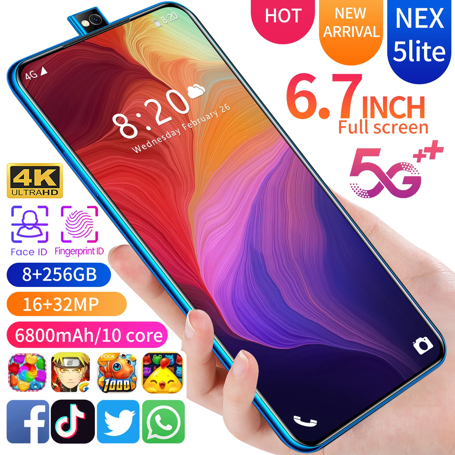 

Free Sample 4G Android 10 HD Pop-up Selfie Camera 6.7 Inch 8GB+256GB SmartPhone Face iD Unlock Mobile Phone NEX 5LiteTelephone, Black ,blue