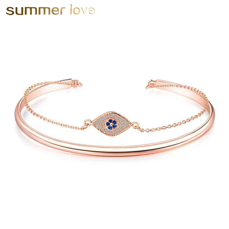 

New Copper Plated 18K Gold Creative Diamond Blue Eye Charm Women Jewelry Cuff Bracelet, Rose gold