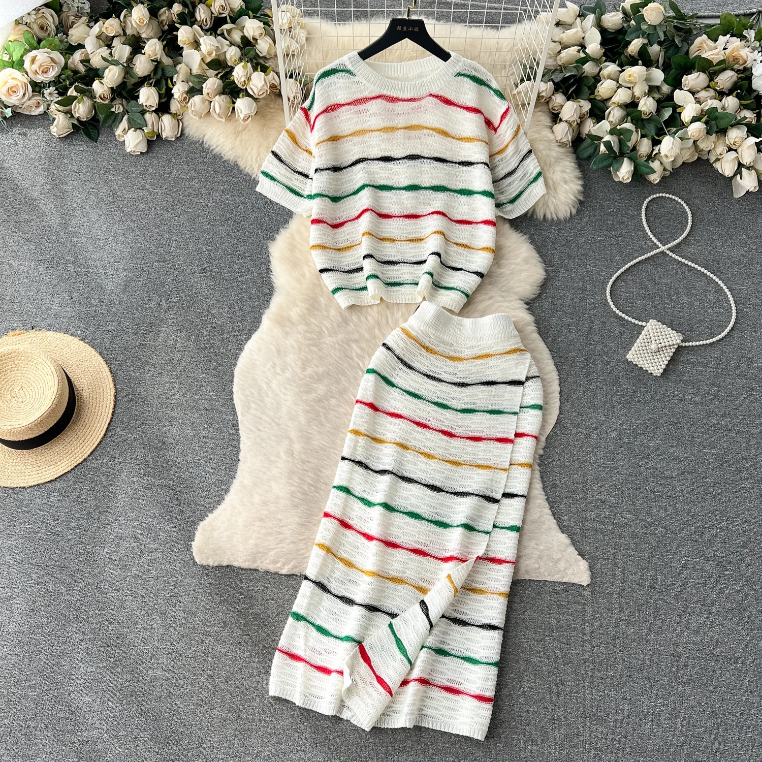Vintage Stripe Knit Top & Dress Two Piece Set