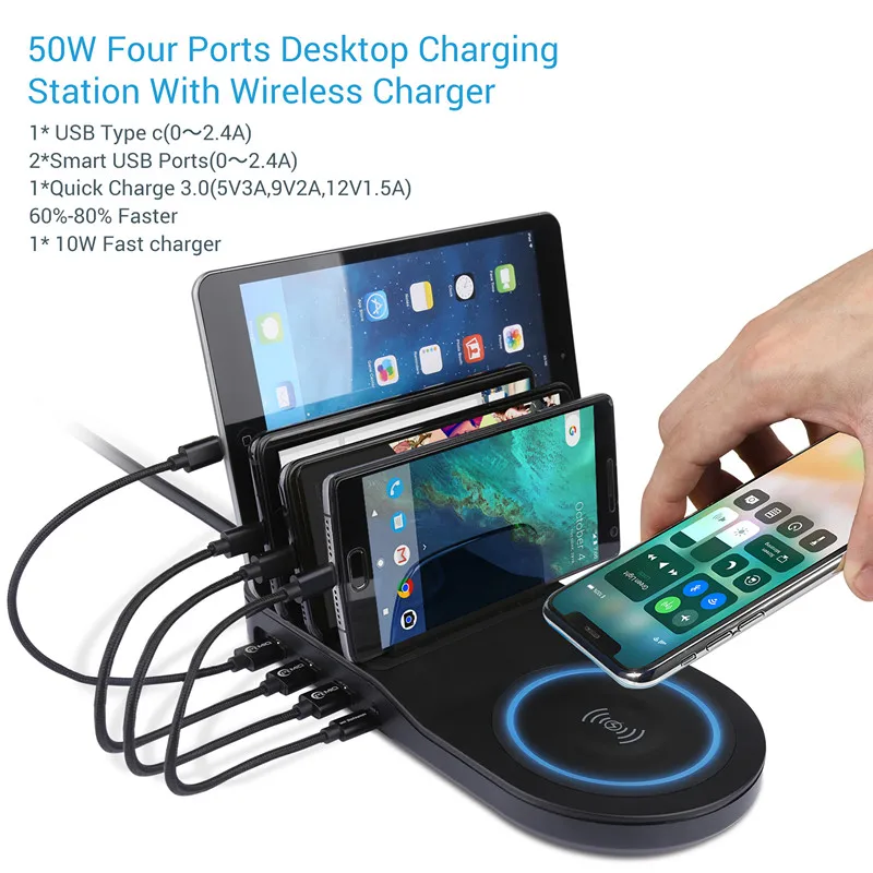 
Fast Charging Station with 4 USB Ports and 1 Qi Wireless Charging Pad for iPhone, iPad, Android Phones and Tablets 