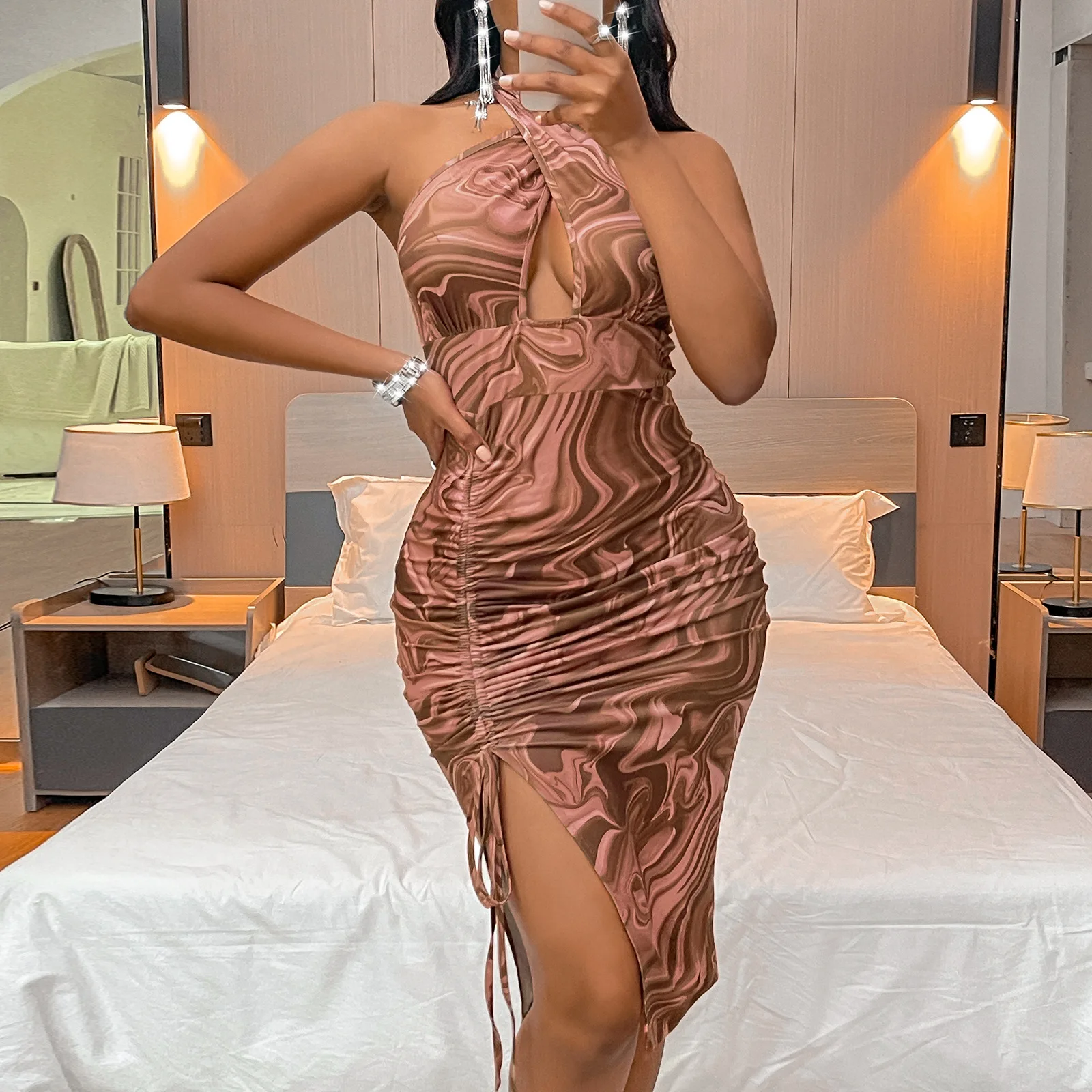 

FS6889D Women 2022 summer backless sexy print halter dress