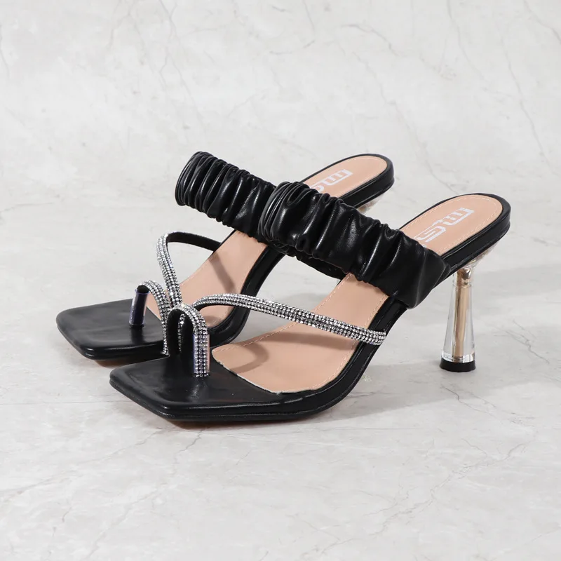 

20212020 PVC upper sandals square Toe diamond glass Crystal women high heel shoes Women's Clear Heels for Ladle vendors, Black