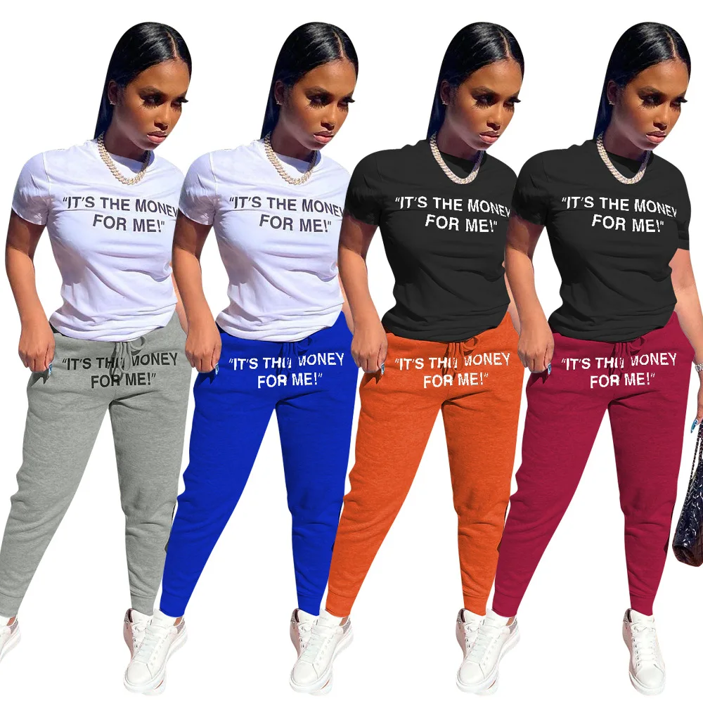 

two piece suits pants t shirts sets 2pcs letters women its the money for me outfits joggers tracksuits 2022