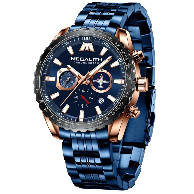 

MEGALITH Chronograph Quartz Multifunction Flight Waterproof full Stainless Steel Sport boy Watches Aircraft Wristwatch for Man