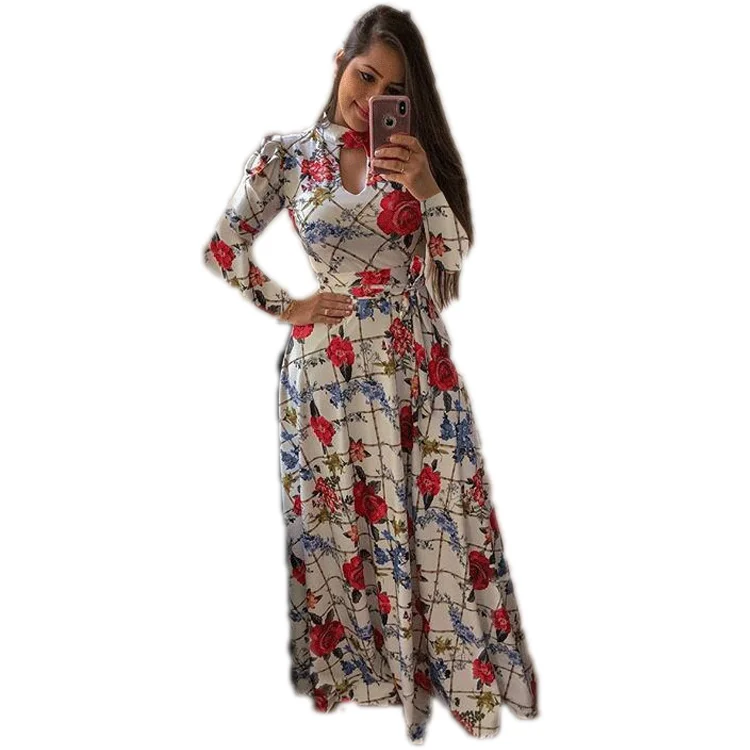 Women's Fashion Bohemian Long Sleeve Floral Print O neck Maxi Dress Beach Dress Vintage Dress