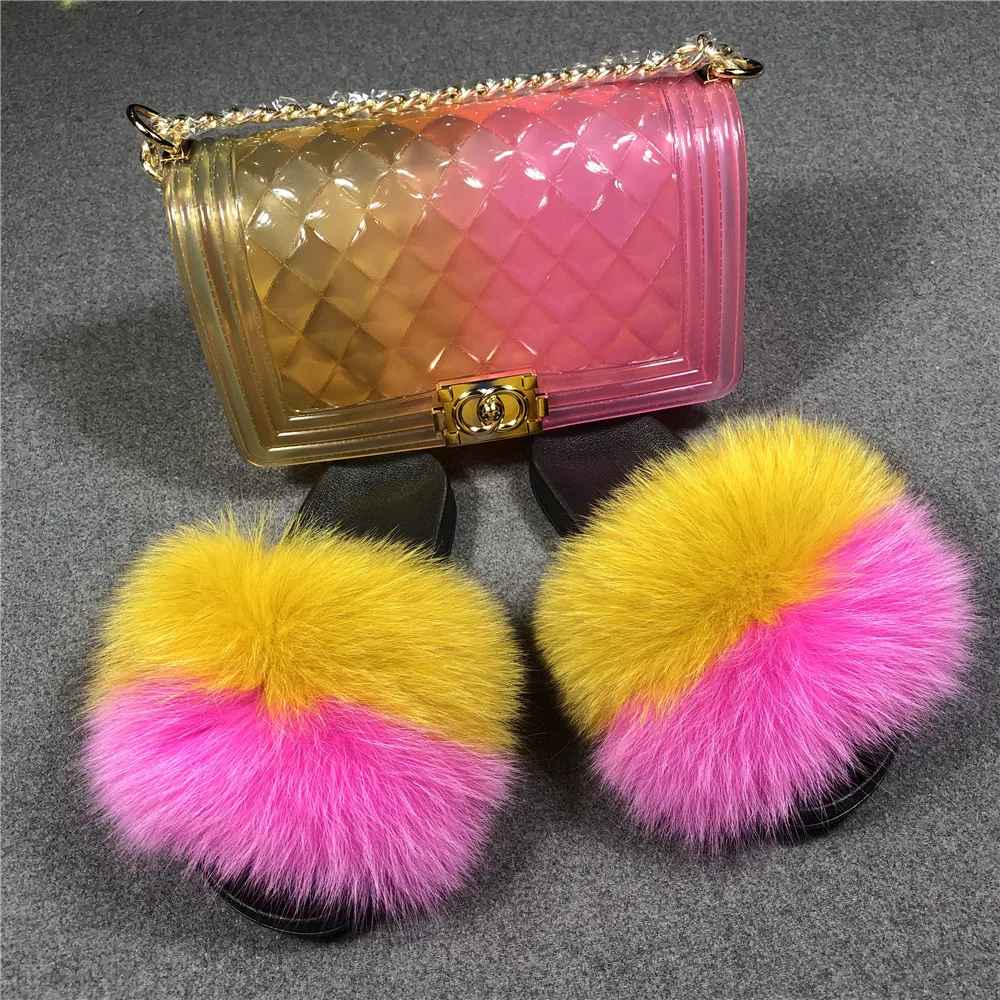 

Fashionable Fluffy Fur Lady's Sandals Shoes Real Raccoon Fox Fur Slippers With Purse Set For Women, As picture show or customized